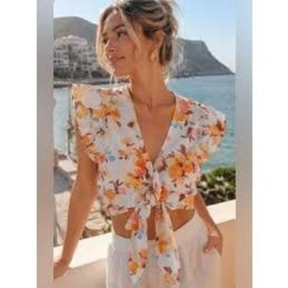 ABERCROMBIE & FITCH Floral Tie Front Ruffle Crop Top Linen Blend